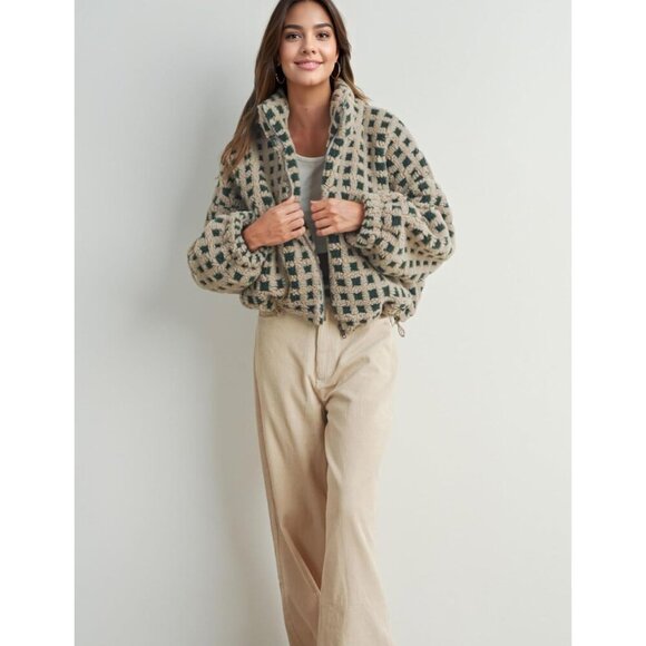 Women green Cropped Sherpa Fleece Plaid Jacket Chunky Outerwear - Picture 7 of 7